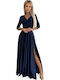 Maxi Φόρεμα για Γάμο / Βάπτιση Σατέν με Δαντέλα Dark Blue