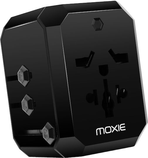 Moxie Universal EU USA UK AUS Socket Adapter + 3 USB + 1 USB C Black