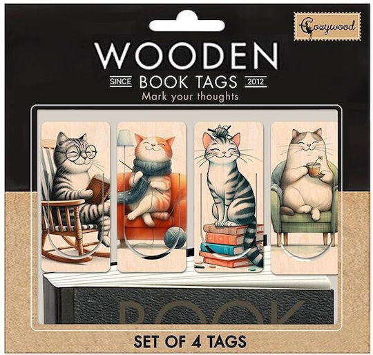 Wooden Bookmarks Cozywood Happy Cats Set of 4 Pcs Bkn319 Cozywood