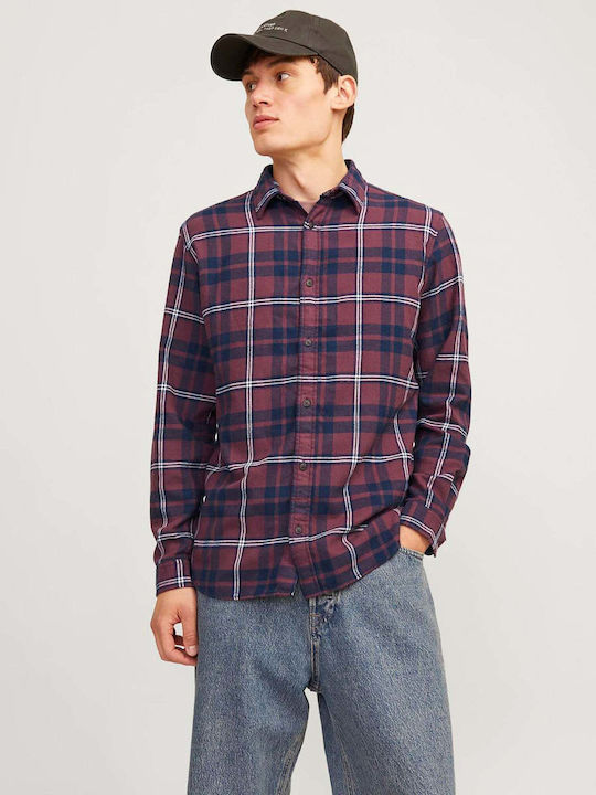 Jack & Jones Men's Shirt Long Sleeve Flannel Checked Bordeaux