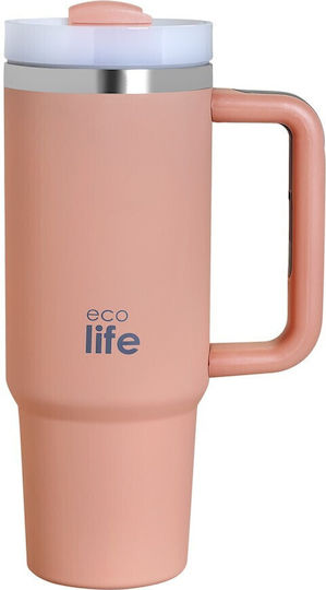 Lifegreen Ανακυκλώσιμο Handled Tumbler Θερμός Ανοξείδωτο / Πλαστικό BPA Free 900ml Flamingo Pink με Καλαμάκι και Λαβή