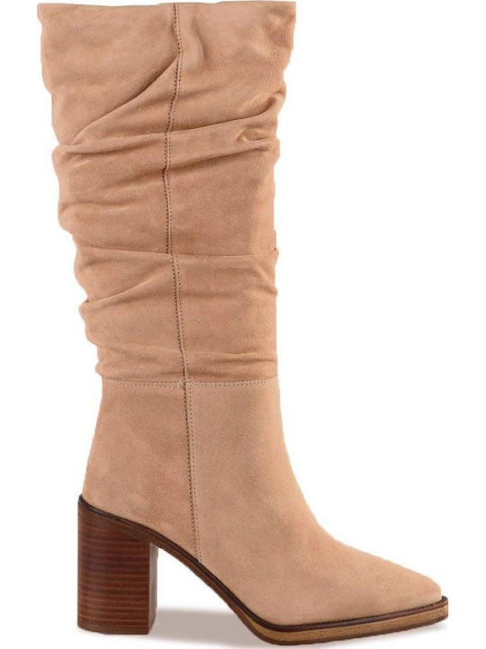 Wildleder Damenstiefel mit hohem Absatz Beige