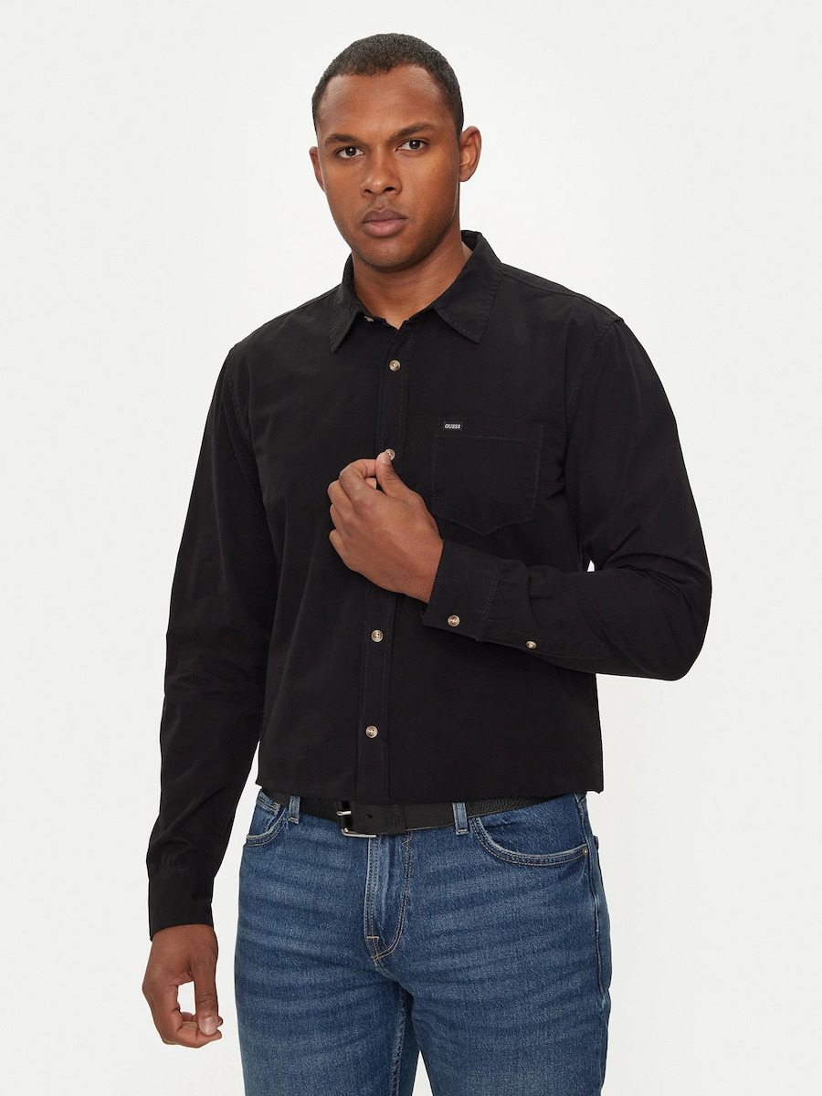 Guess Μακρυμάνικo Τζιν Πουκάμισο σε Στενή Γραμμή Μαύρο