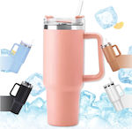 Go Clever Glass Thermos Pink 1.2lt with Straw and Handle