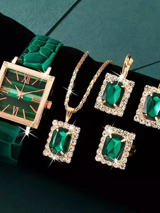 Grünes Uhr-Halskette-Rhinestone-Ohrringe-Geschenkset