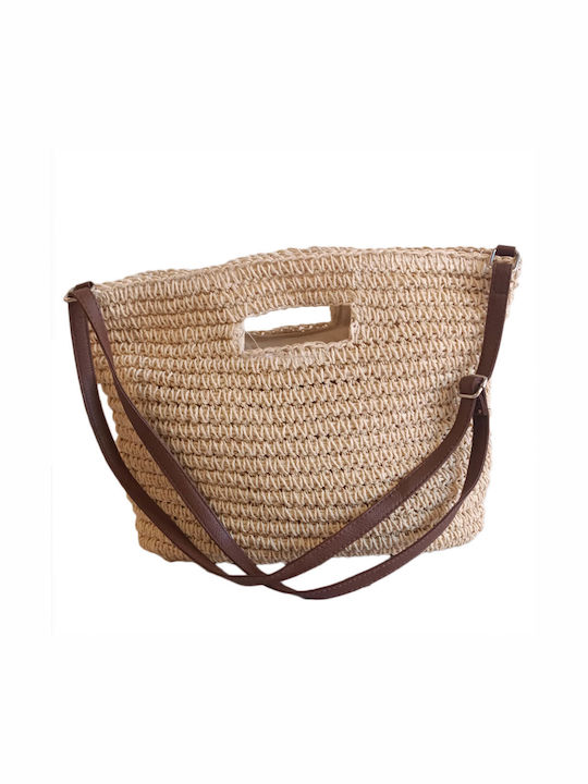 Women's Beige Tan Woven Handbag with Leather Strap Baria