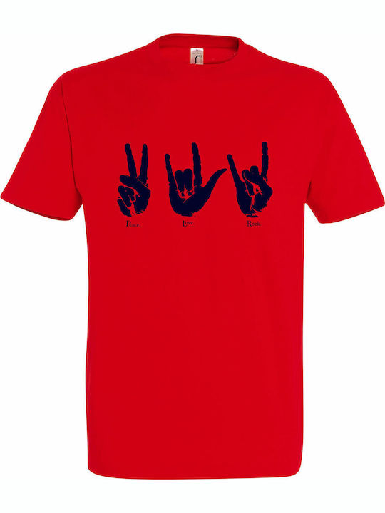 Peace, Love, Rock T-shirt Κόκκινο Βαμβακερό Pea...