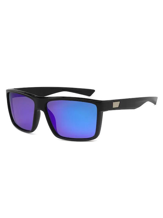 Polareye Men's Sunglasses with Black Plastic Frame and Blue Polarized Mirror Lens