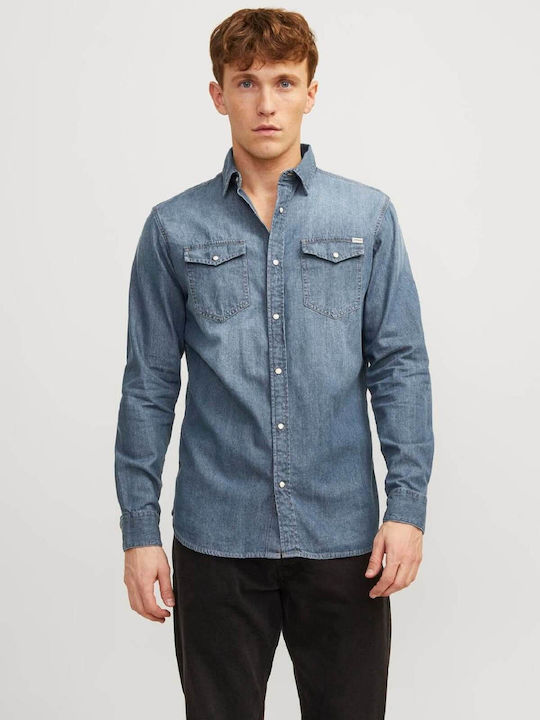 Jack & Jones Cămașă Bărbătească Cu mânecă lungă Denim Albastru