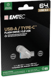 Emtec 64GB USB 3.2 USB-A & USB-C Ασημί Emtec 64GB USB 3.2 USB-A & USB-C Ασημί