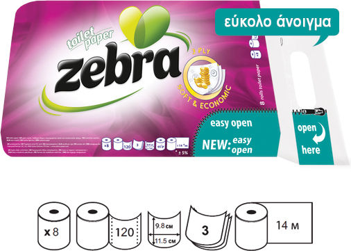 Zebra Тоалетна Хартия 8 Рола 3 Пластове 6 Опаковки (65гр/Роло)