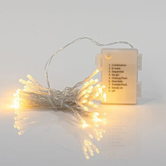 Serie 96 LED 3mm Cutie Baterii 3xAA 8 Programe & Timer Memorie Cablu PVC Transparent Alb Cald LED Fiecare 10cm Extensie Putere 30cm IP44 Cutie Afișaj 16buc