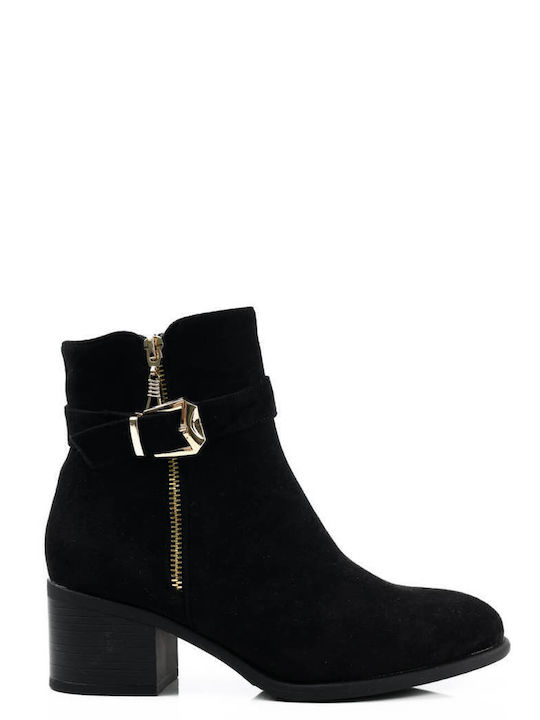 Black Suede Ankle Boots with Gold Details