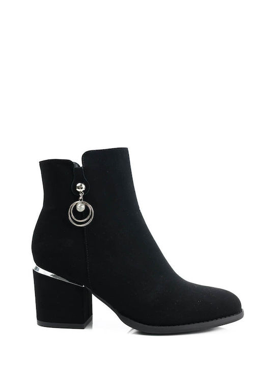 Botine negre cu toc decorativ inel