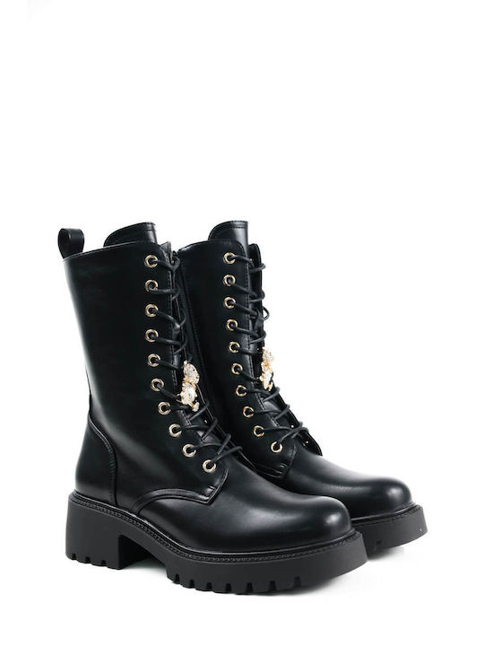 Black Ankle Boots with Gold Bear Decoration