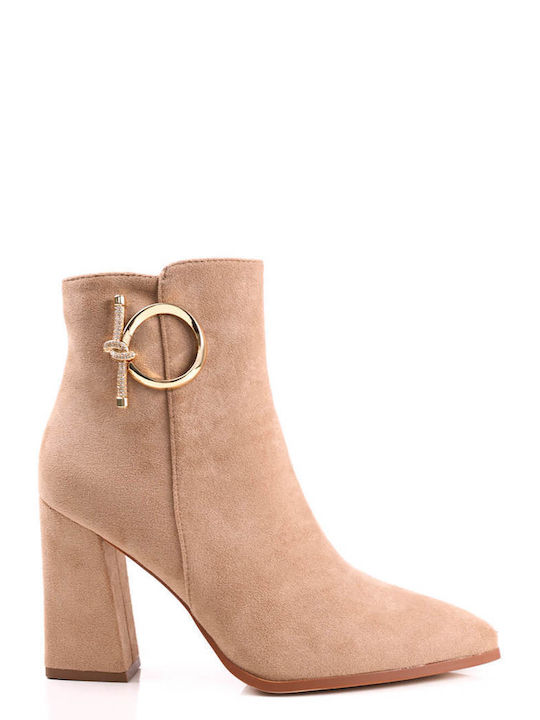 Beige Ankle Boots with Gold Decorative Ring