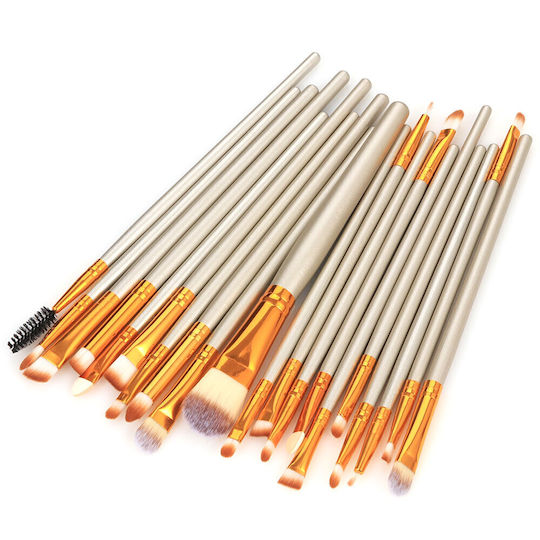 20 Eye Makeup Brushes Wooden Handle Silver