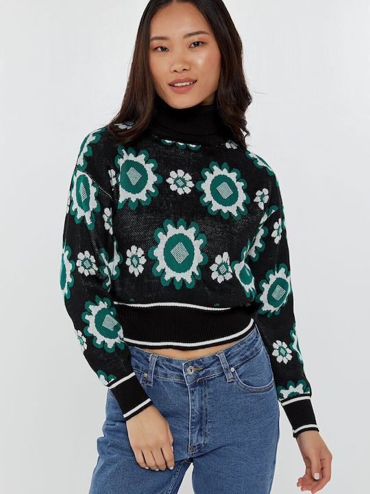 Bluze Damă Crop Cu Guler Înalt Floral Negru