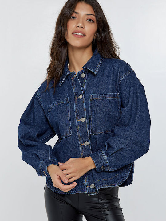 Women's Short Jean Jacket for Spring or Autumn dark blue