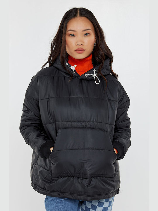 Women's Short Lifestyle Jacket for Winter with Hood BLACK