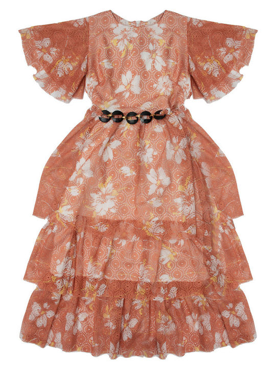 Kid Dress with Decorative Chain Dark Beige