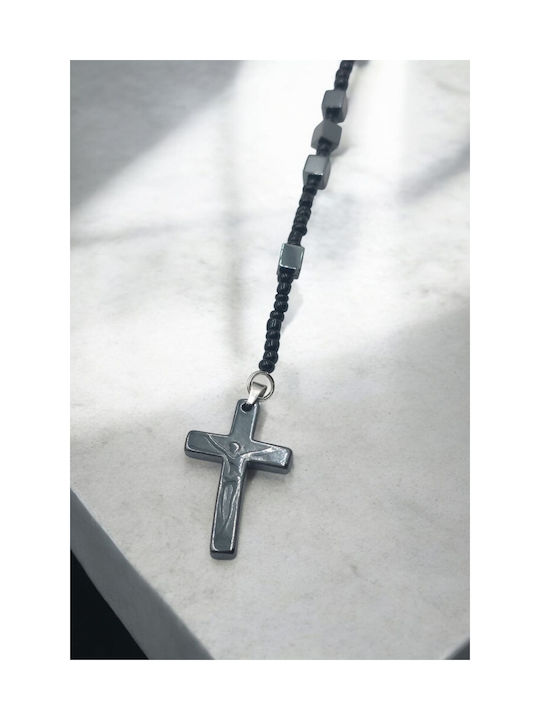 Hematite Necklace with Black Beads and Cross