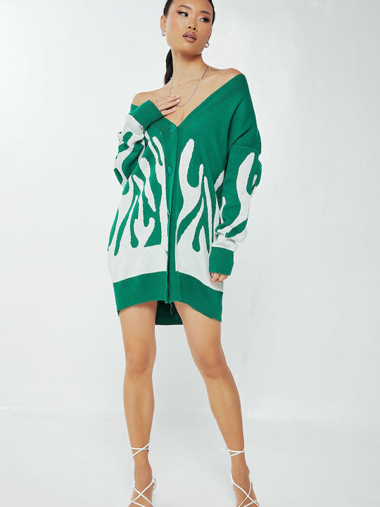 Long Women's Knitted Cardigan with Buttons Green