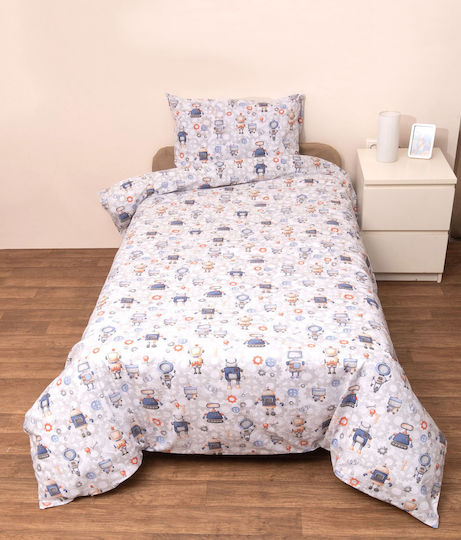 Viopros Kids Sheets Single with Elastic Band Robot White 100x200cm Viopros Kids Sheets Single with Elastic Band Robot White 100x200cm