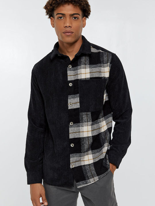 Long-sleeved Corduroy Shirt Checked Black