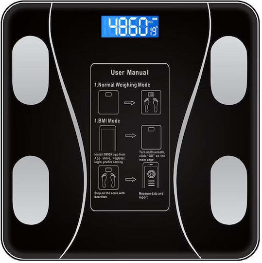 Cântar Inteligent pentru Corp Termometru Diagnostic USB Bluetooth Aplicație Fitness Sticlă Călită LCD Negru