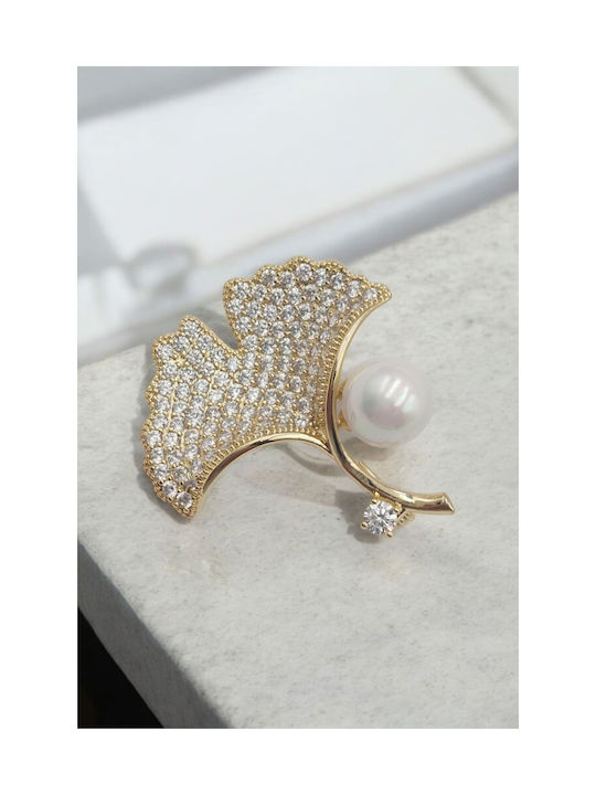 Gold Horseshoe Brooch with Rhinestones and Pearl at the Bottom