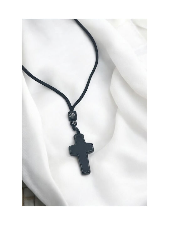 Necklace Black Beads Cross