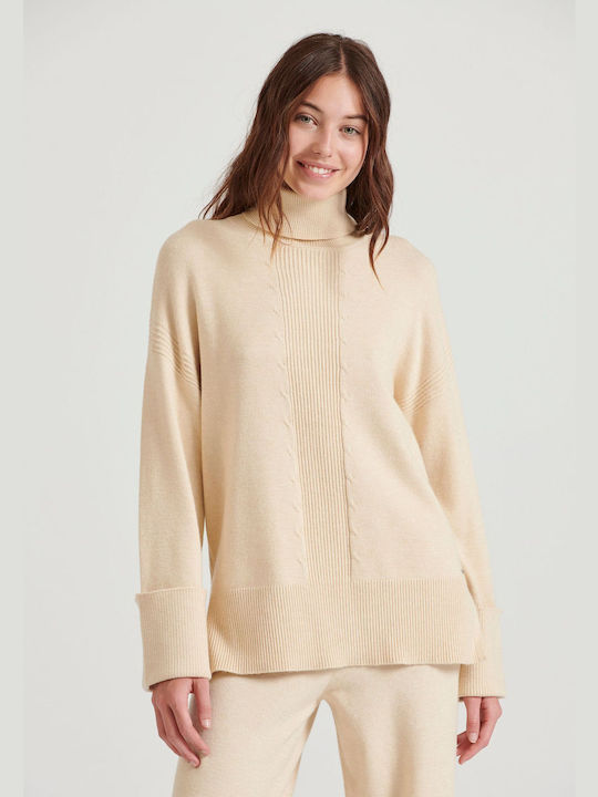 Funky Buddha Damen Pullover Rollkragen Beige