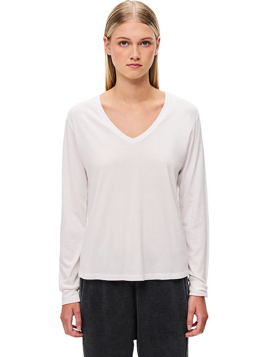 Women's Blouse Cotton Long Sleeve with V Neckline White
