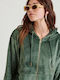 Lang Damen Sweatshirtjacke Samt Kapuzen Khaki
