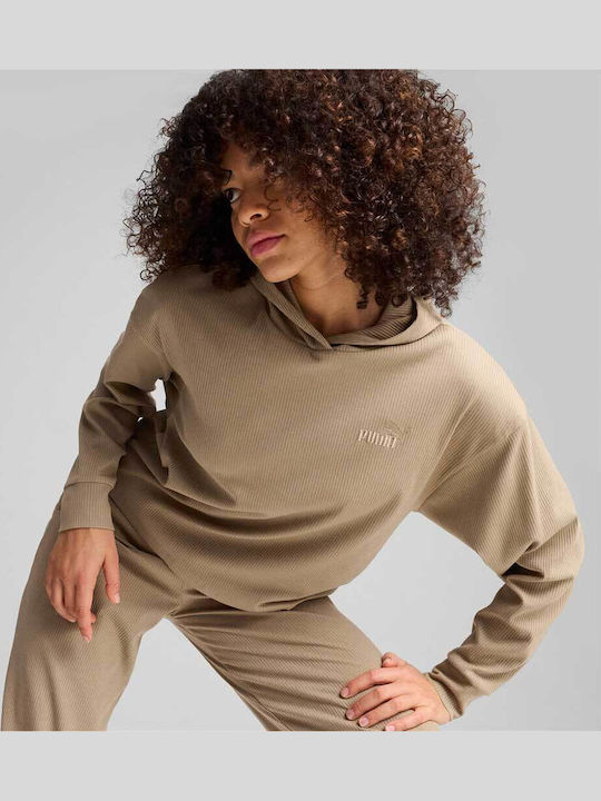 PUMA Elevated Lang Damen Sweatshirt Kapuzen Beige