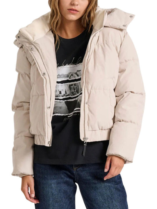 Κοντό Γυναικείο Puffer Μπουφάν για Χειμώνα Chalk