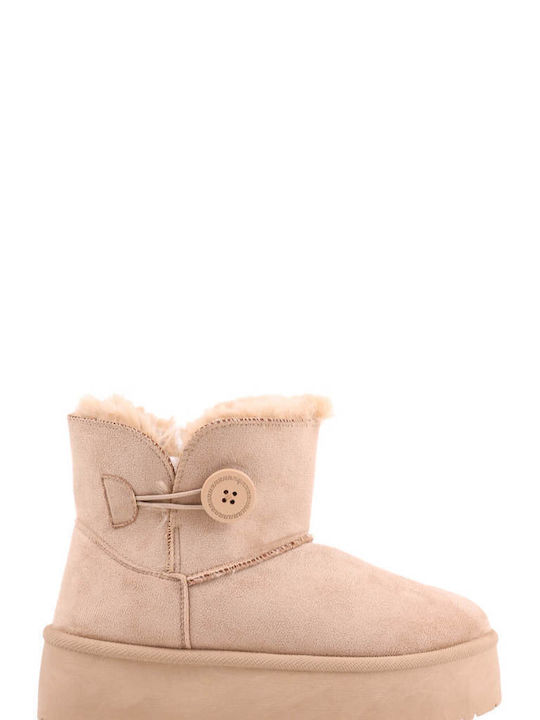 Beige Flat Ankle Boots with Fur Decorative Buckle