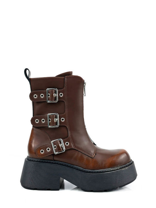 Brown Platform Ankle Boots with Triple Buckle