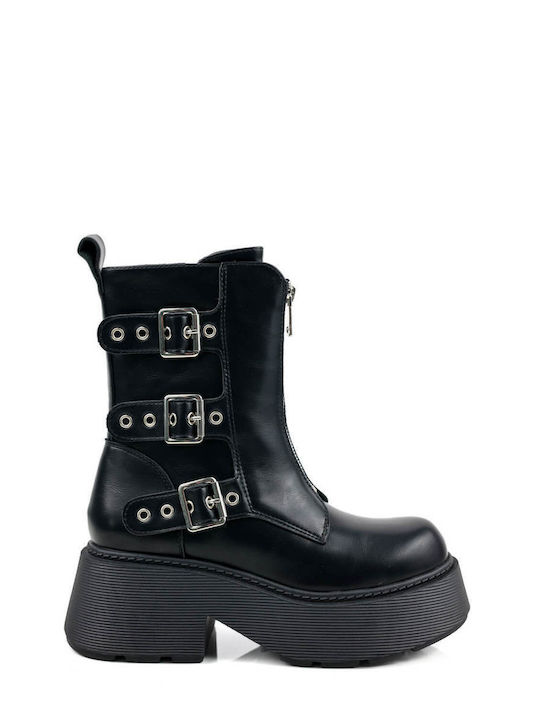 Black Platform Ankle Boots with Triple Buckle