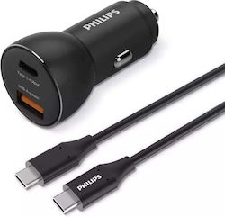 Philips Auto-Ladegerät mit Anschlüssen 1xUSB-A 1xType-C und Kabel Typ-C,TC-TC