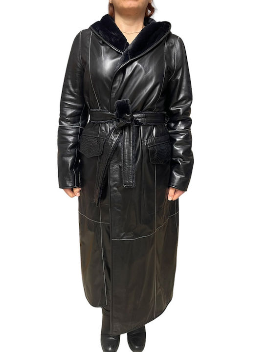 MARKOS LEATHER Women's Leather Coat with Belt ,Hood and Fur black