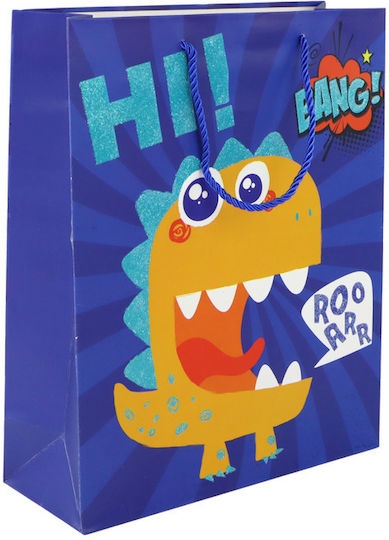 Pungă cadou din hârtie cu dinozaur albastru 32cm X 26cm X 10cm