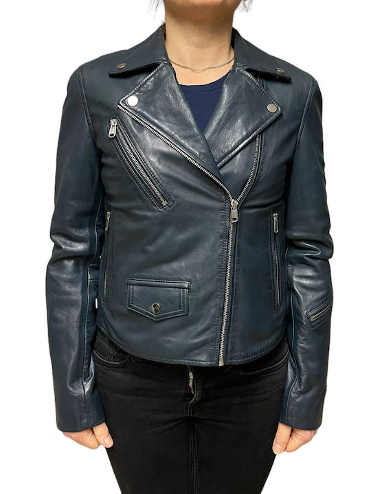 MARKOS LEATHER Women's Short Biker Leather Jacket for Winter Blue