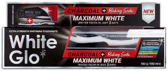 White Glo White Glo Charcoal + Baking Soda Maximum White Toothpaste Whitening Toothpaste 150g/100ml + Toothbrush