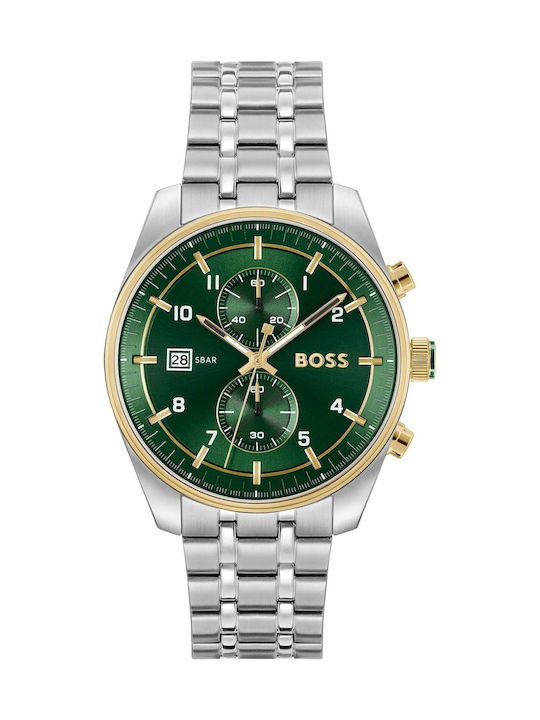 Boss Skytraveller Ανδρικό Ρολόι 44mm Χρονογράφος Μπαταρίας με Ασημί Μεταλλικό Μπρασελέ