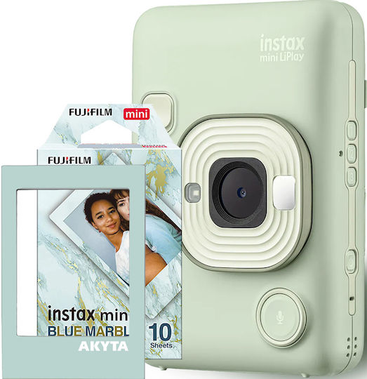 Fujifilm Instax Mini LiPlay Analoge Kamera + 1x10 Blatt Papier und Magnetischer Rahmen Akyta Grün
