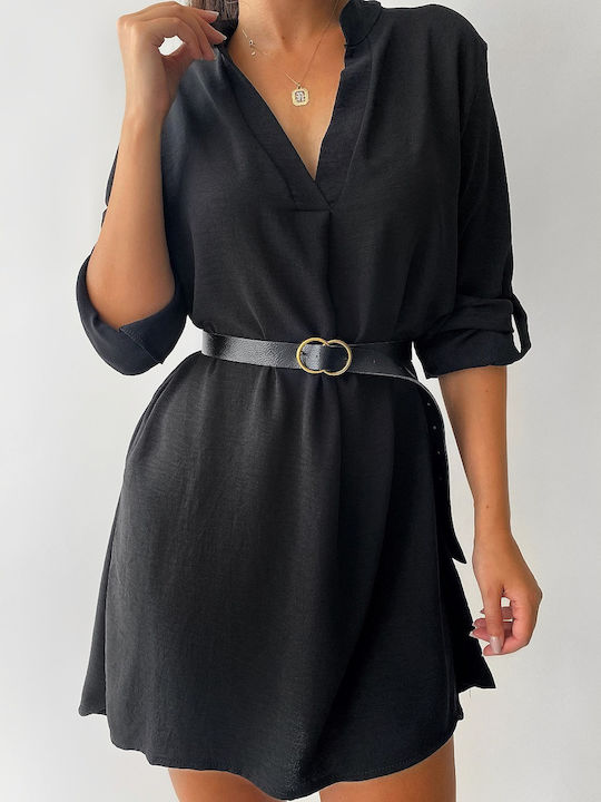 Erida Black Asymmetric Dress with Belt