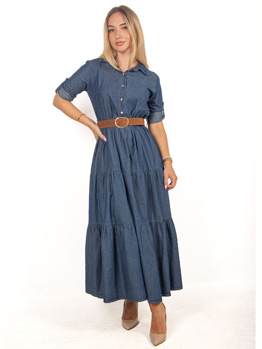 Denim Dress with Belt Blue