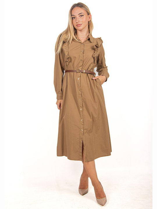 Shirt Dress with Ruffles and Belt in Camel